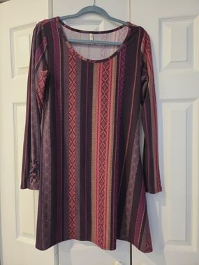 Mudd Purple and Pink Striped Long-Sleeve A-Line Dress